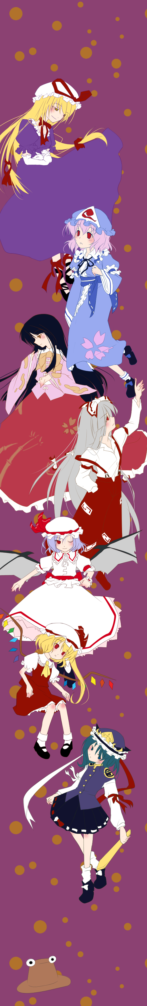 flandre scarlet, fujiwara no mokou, houraisan kaguya, pyonta, remilia scarlet, saigyouji yuyuko, shiki eiki, yakumo yukari, rozen maiden, touhou, silver hair, absurdres, bad id, bad pixiv id, highres, long image, tall image, 6+girls, bat wings, black hair, blonde hair, blue hair, brown eyes, dress, elbow gloves, female focus, flat color, gloves, green eyes, green hair, hair between eyes, hair ribbon, hat, long hair, mob cap, multiple girls, one eye closed, parody, pink hair, red eyes, ribbon, ribbon-trimmed skirt, ribbon trim, rod of remorse, skirt, suspenders, very long hair, wings, wink, yellow eyes