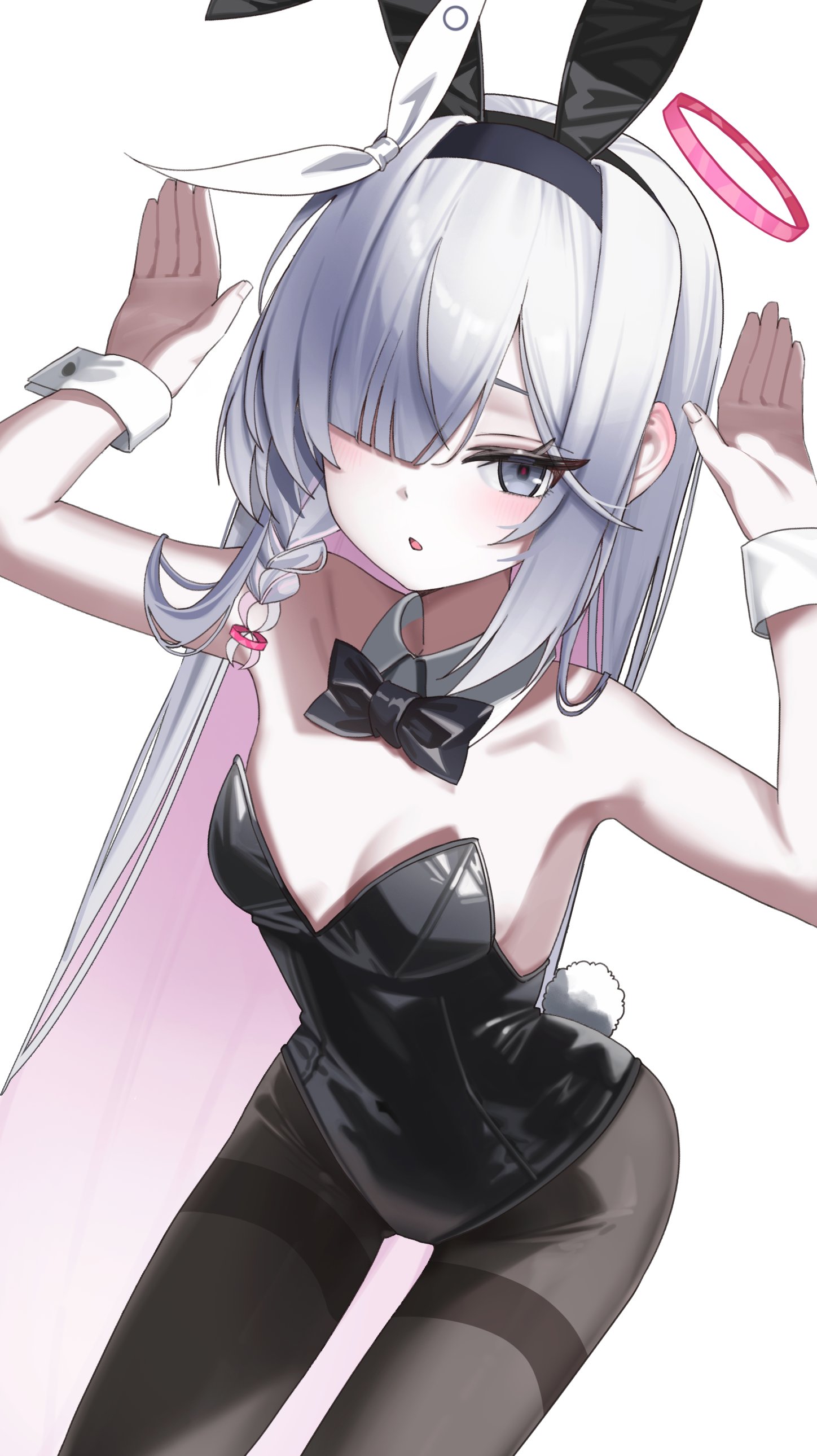 marks (dmhunsu10), plana (blue archive), blue archive, absurdres, highres, 1girl, animal ear hairband, animal ears, bare shoulders, black hairband, black leotard, black pantyhose, breasts, fake animal ears, grey eyes, grey hair, hair over one eye, hairband, halo, leotard, multicolored hair, one eye covered, pantyhose, pink hair, playboy bunny, rabbit ear hairband, rabbit ears, red halo, simple background, small breasts, solo, thighband pantyhose, thighs, two-tone hair, white background