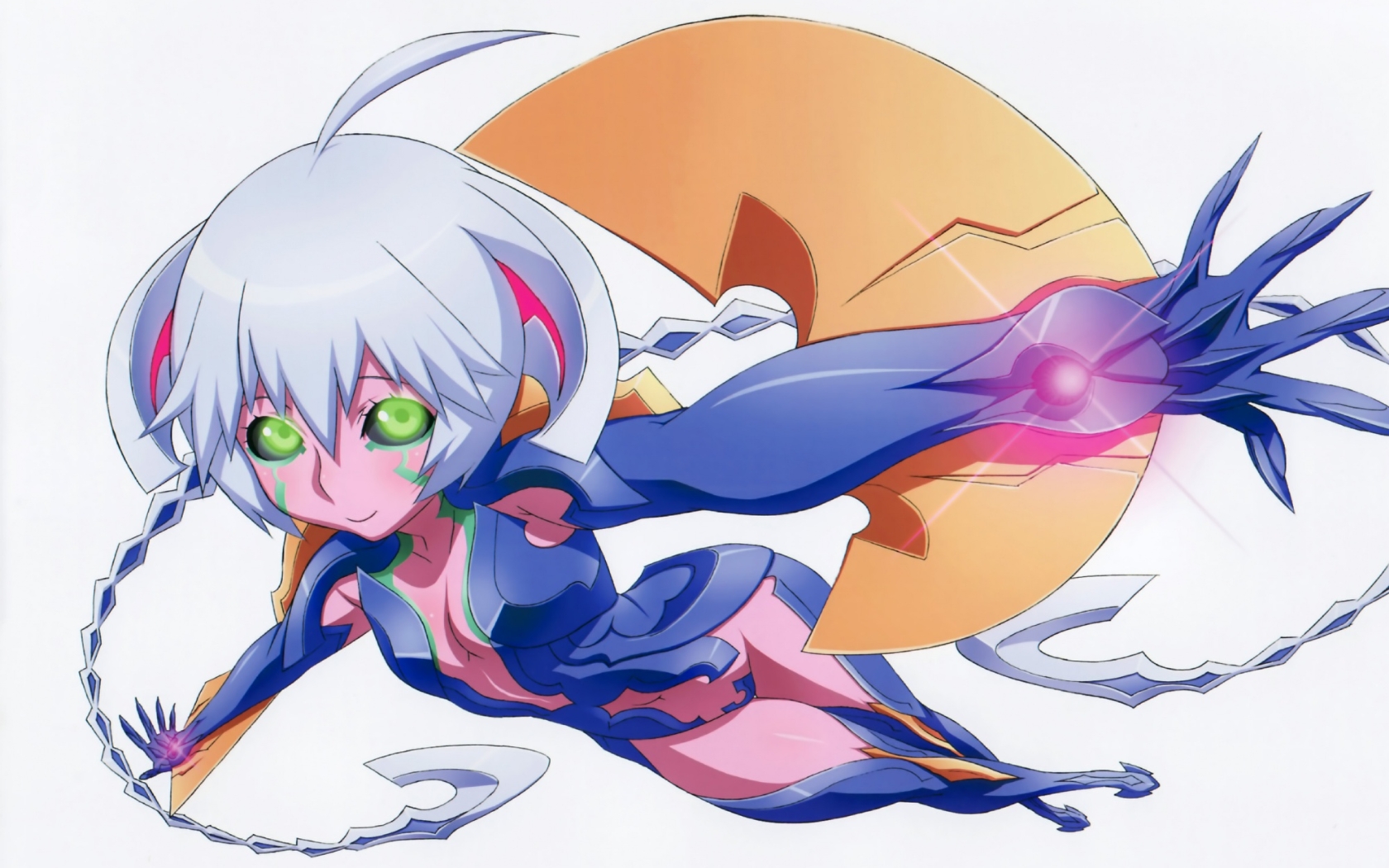 uno makoto, aoi (witchblade), witchblade, highres, scan, 00s, 1girl, black sclera, blue hair, child, claws, colored sclera, female focus, green eyes, solo, twintails