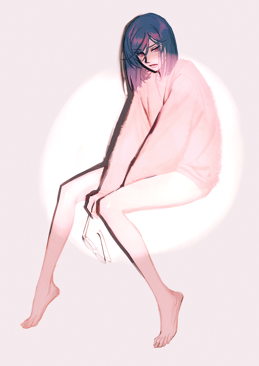 huangdanlan, tieria erde, gundam, gundam 00, highres, 1boy, barefoot, bob cut, full body, holding, holding removed eyewear, long sleeves, male focus, parted lips, pink shirt, pink sweater, purple hair, red eyes, shirt, short hair, sweater, trap, unworn eyewear
