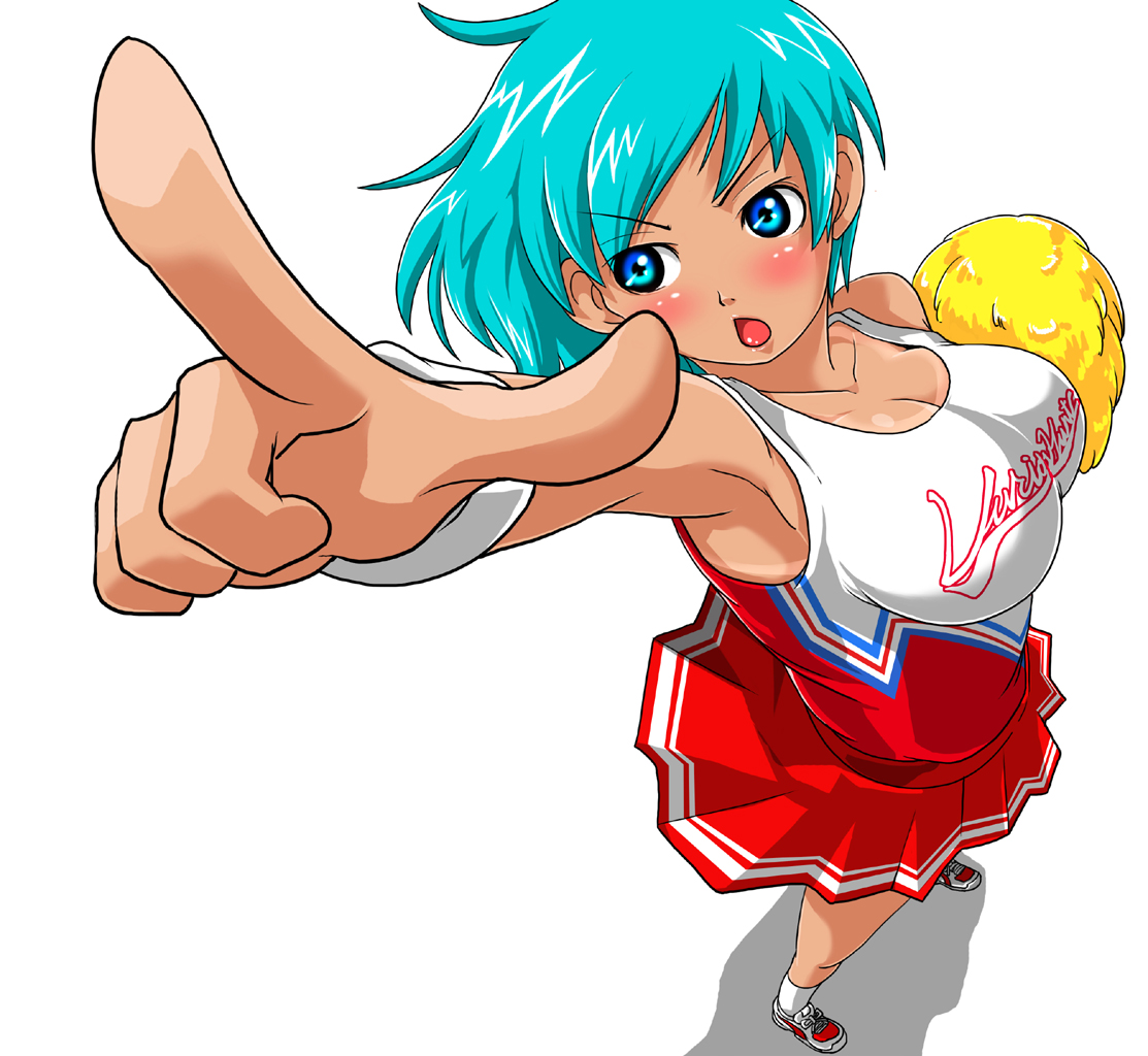 redlark, derivative work, vector trace, 1girl, aqua hair, armpits, bikini tan, blue eyes, blue hair, blush, breasts, cheerleader, cleavage, dark-skinned female, dark skin, female focus, foreshortening, from above, huge breasts, large breasts, matching hair/eyes, open mouth, pointing, pom pom (cheerleading), short hair, simple background, solo, standing, tan, tanline, white background