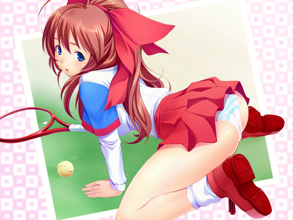 kanzaki aoi, true blue, 00s, 1girl, all fours, ass, ball, bed, bent over, blue bra, blue eyes, blue panties, blush, bow, bra, bra lift, breasts, brown hair, clothes lift, female focus, flat ass, hair bow, kneeling, lingerie, long hair, looking back, panties, pink hair, ponytail, purple eyes, racket, shirt lift, skirt, skirt lift, solo, striped bra, striped clothes, striped panties, tennis ball, tennis racket, top-down bottom-up, underwear, white panties