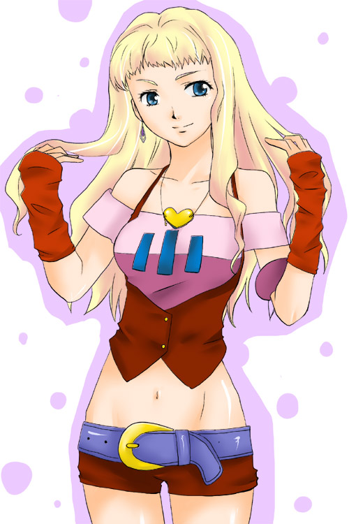 hashiko, sheryl nome, macross, macross frontier, 00s, arm warmers, belt, blonde hair, blue eyes, earrings, heart, heart necklace, jewelry, lowleg, midriff, necklace, single earring, solo