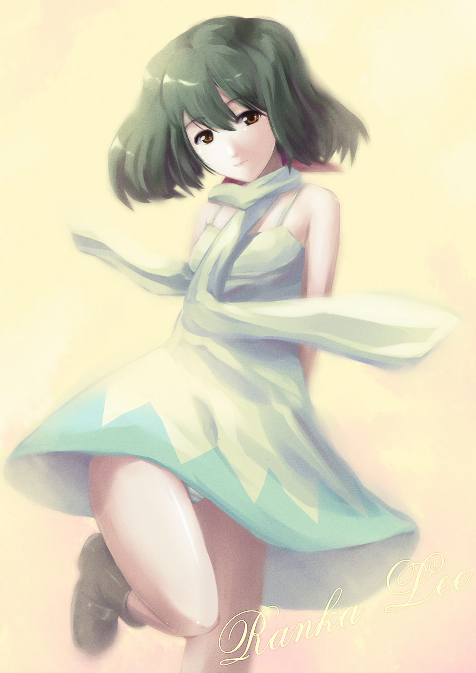 tdk, ranka lee, macross, macross frontier, highres, 00s, green hair, panties, solo, underwear, upskirt