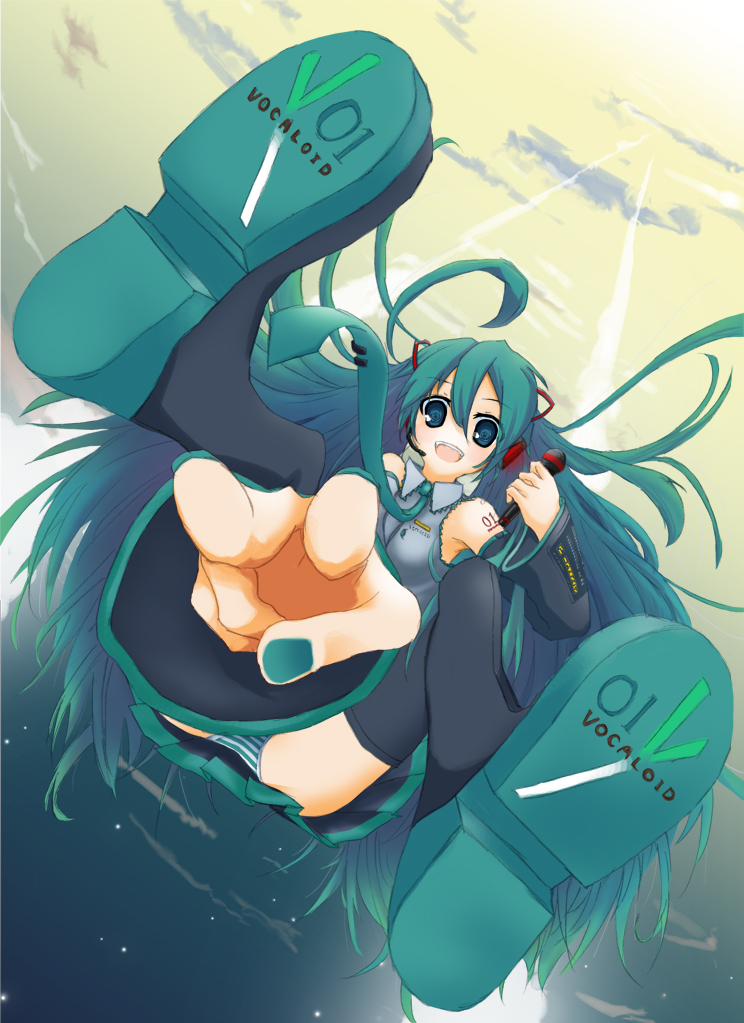 shikimi kimitake, hatsune miku, vocaloid, 1girl, aqua nails, boots, detached sleeves, female focus, green eyes, green hair, long hair, matching hair/eyes, microphone, nail polish, necktie, panties, pantyshot, solo, spring onion, striped clothes, striped panties, thigh boots, thighhighs, underwear, v, very long hair