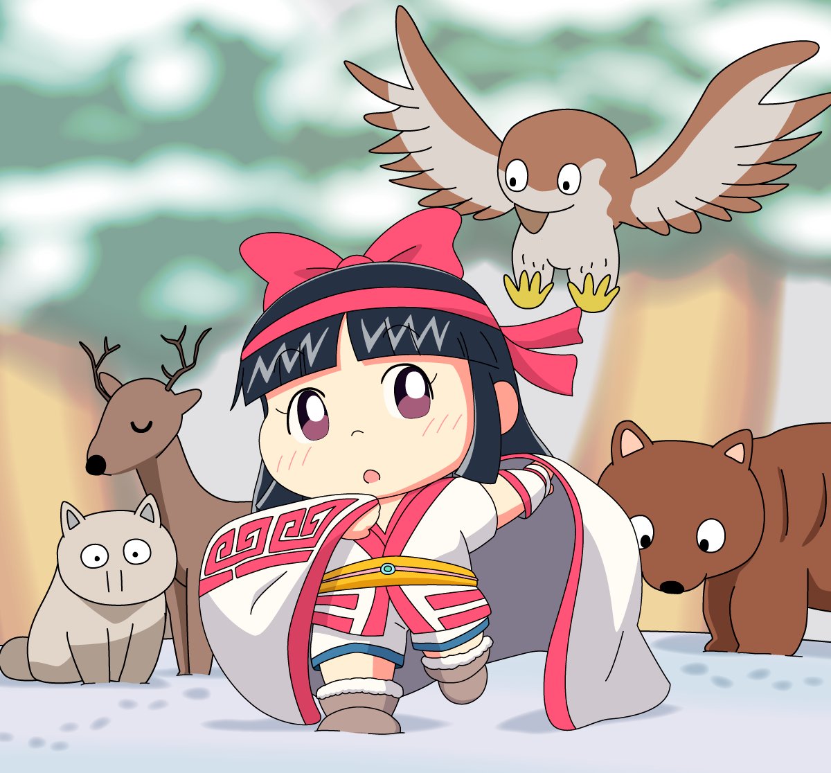 mamahaha, nakoruru, samurai spirits, snk, the king of fighters, highres, 1girl, ainu clothes, antlers, bear, black hair, boots, breasts, chibi, cloak, feet, fingerless gloves, gloves, hair ribbon, horns, legs, long hair, looking at viewer, open mouth, pants, purple eyes, ribbon, small breasts, snow, thighs, tongue
