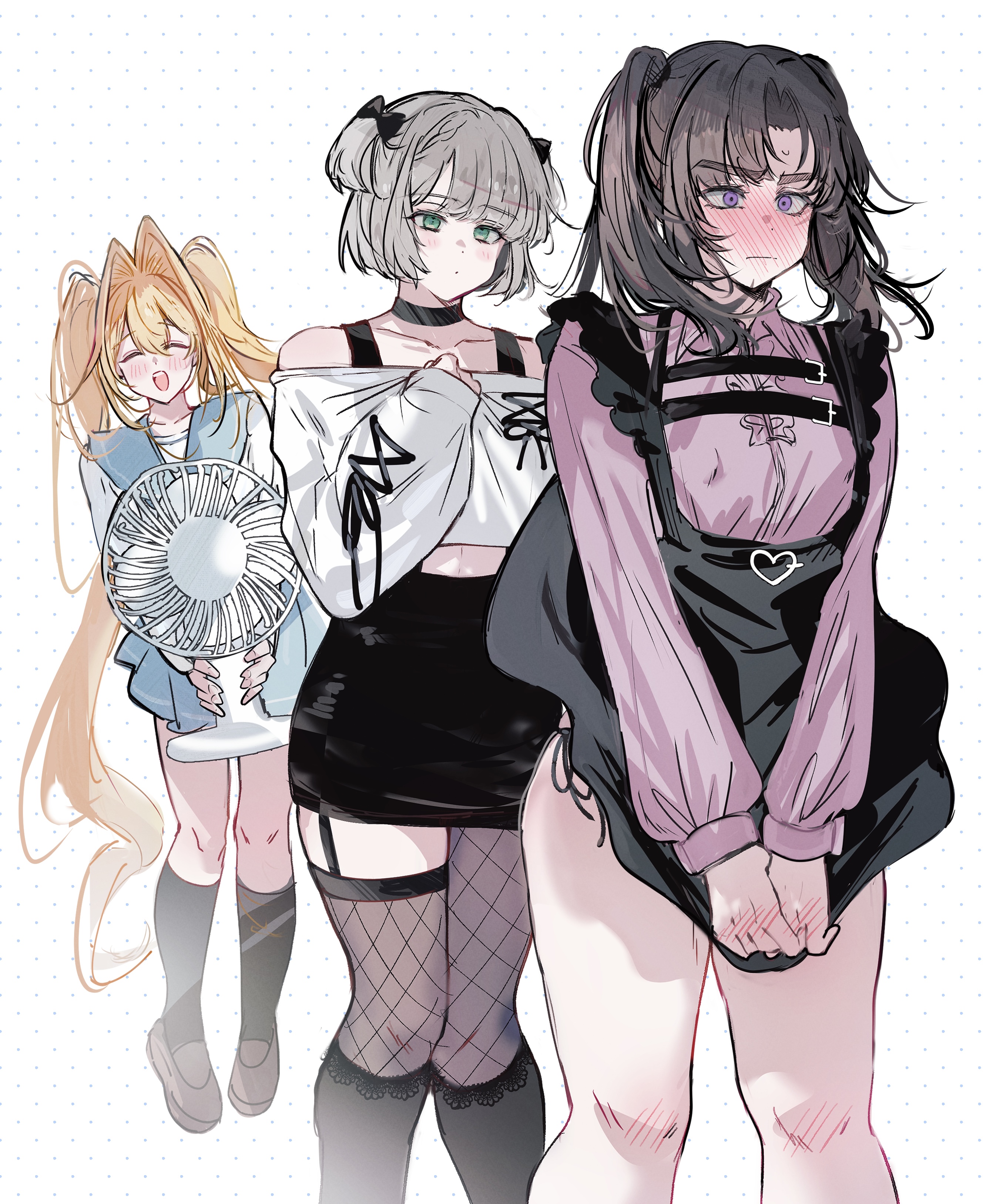 imamiya pinoko, original, absurdres, highres, 3boys, ayase ayato (imamiya pinoko), blonde hair, blush, bob cut, choker, closed eyes, clothes lift, crossdressing, crossdressing (mtf), electric fan, fishnets, garter straps, green eyes, hair intakes, hirakawa mahiru (imamiya pinoko), jirai kei, kakage azusa (imamiya pinoko), long hair, miniskirt, multiple boys, panties, panty peek, pantyhose, purple eyes, school uniform, side-tie panties, simple background, skirt, skirt lift, skirt tug, thick eyebrows, thighhighs, trap, twintails, two side up, underwear, white hair, wind, wind lift