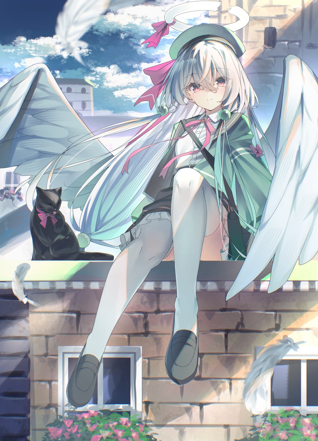 shiro youduki, original, character request, highres, 1girl, angel wings, black cat, black shoes, black skirt, blue sky, bow, bowtie, breasts, brick wall, cat, cloud, cloudy sky, floating hair, green hat, green shirt, halo, hat, house, light smile, long hair, looking at viewer, outdoors, pink bow, pink bowtie, red eyes, shirt, shoes, sitting, skirt, sky, small breasts, solo, thighhighs, thighs, very long hair, white hair, white halo, white shirt, white thighhighs, wind, window, wings