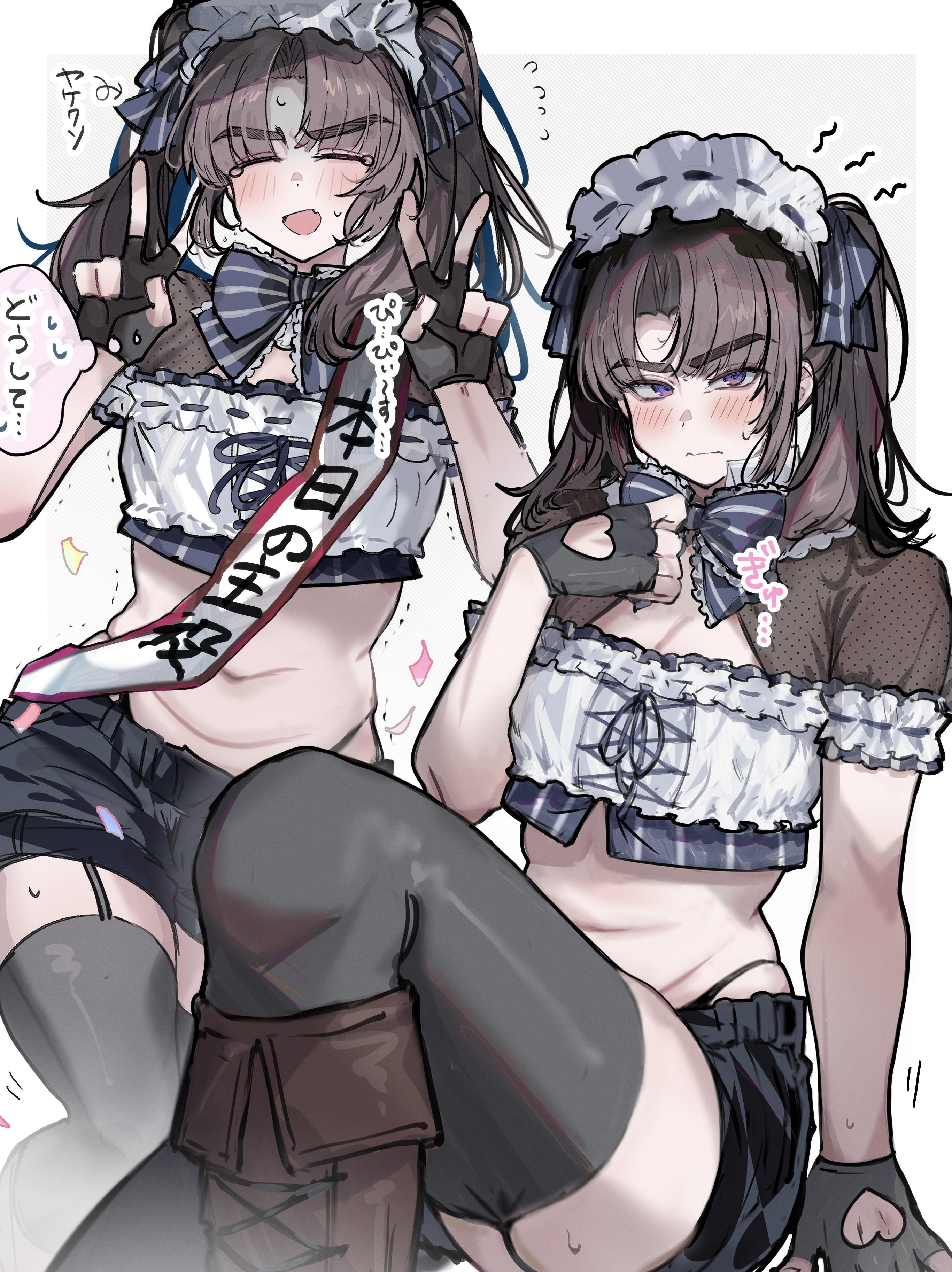 imamiya pinoko, original, absurdres, highres, translated, 1boy, ayase ayato (imamiya pinoko), black hair, brown hair, closed eyes, crossdressing, crossdressing (mtf), double v, fingerless gloves, garter straps, gloves, highleg, highleg panties, long hair, panties, purple eyes, sash, short shorts, shorts, simple background, stomach, thick eyebrows, thighhighs, trap, twintails, underwear, v