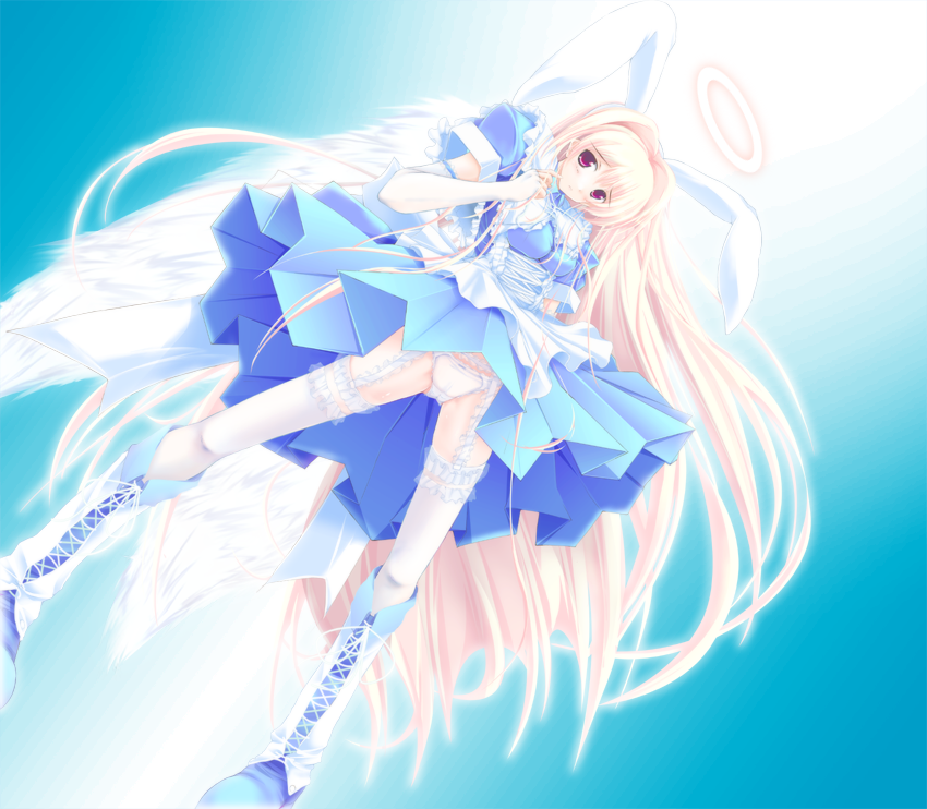 kuon itsuki, original, bad id, bad pixiv id, 1girl, angel wings, animal ears, blonde hair, boots, elbow gloves, female focus, frilled thighhighs, frills, garter belt, gloves, halo, knee boots, long hair, panties, rabbit ears, red eyes, solo, thighhighs, underwear, very long hair, white panties, white thighhighs, wings