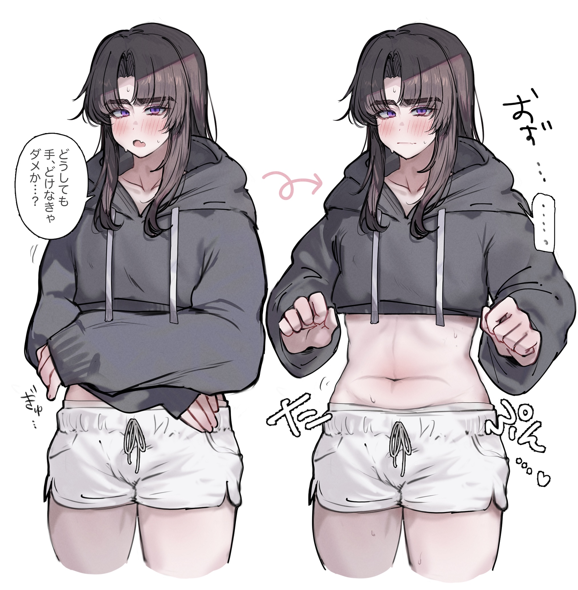 imamiya pinoko, original, highres, translated, 1boy, ayase ayato (imamiya pinoko), black hair, crop top, hood, hoodie, long hair, midriff, purple eyes, short shorts, shorts, sweat, thick eyebrows, trap, weight conscious, white background