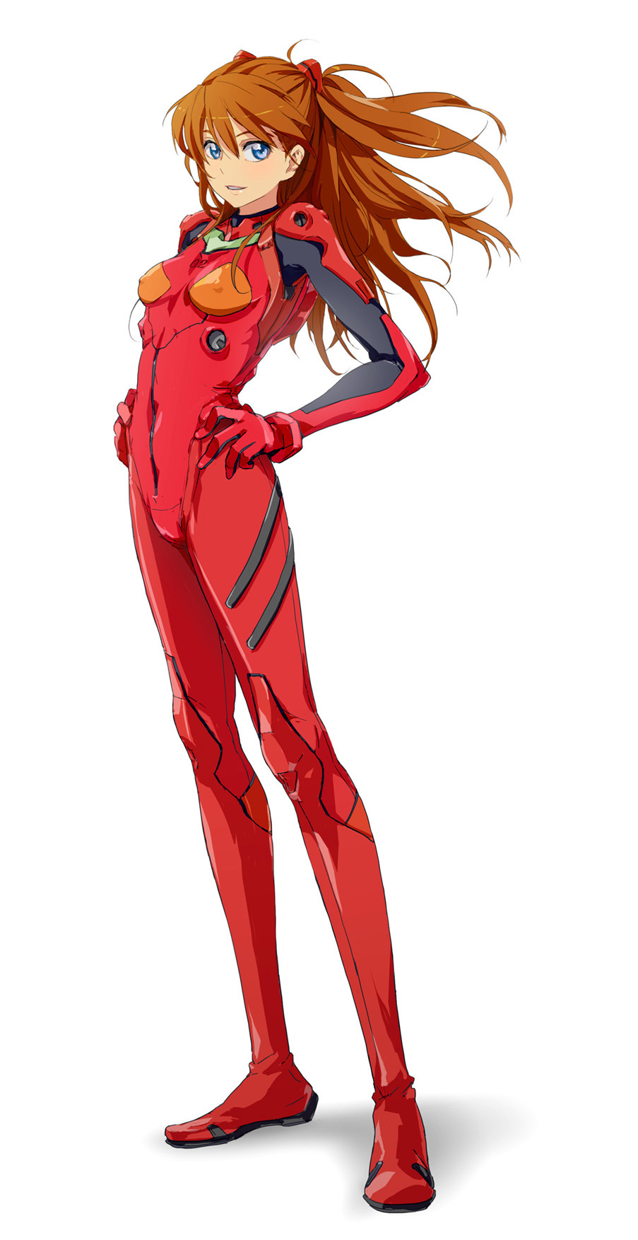 mebae, souryuu asuka langley, neon genesis evangelion, highres, 1girl, blue eyes, bodysuit, bracer, breasts, covered erect nipples, female focus, from side, full body, gloves, hands on own hips, headgear, long hair, long legs, looking at viewer, mecha pilot suit, orange hair, plugsuit (evangelion), red hair, shadow, simple background, small breasts, smile, solo, standing, turtleneck, white background