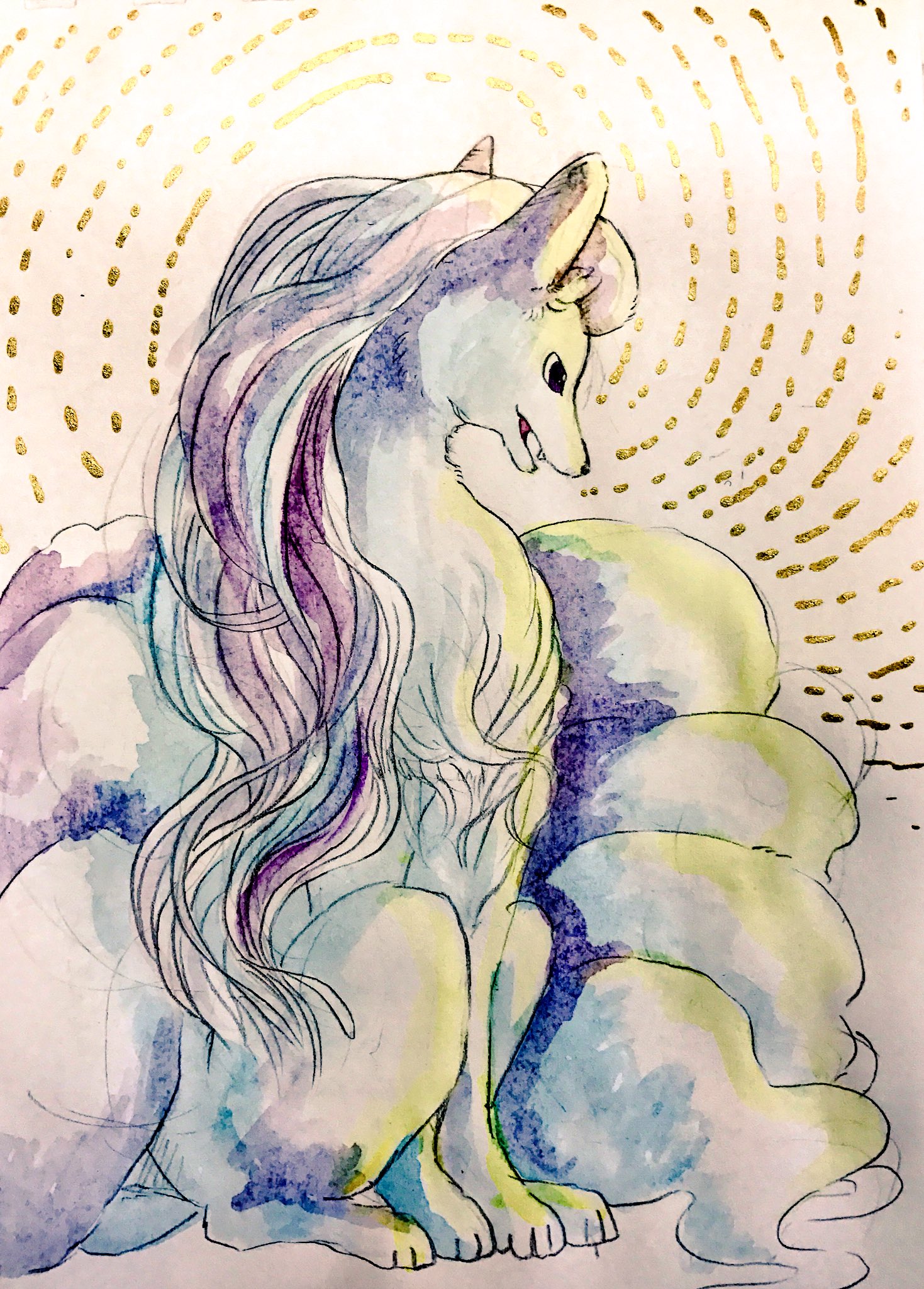 mint nappa, alolan ninetales, nintendo, pokemon, commentary request, highres, painting (medium), traditional media, watercolor (medium), alolan form, animal focus, black eyes, fang, gen 7 pokemon, looking ahead, no humans, open mouth, pokemon (creature), sitting, solo, white background