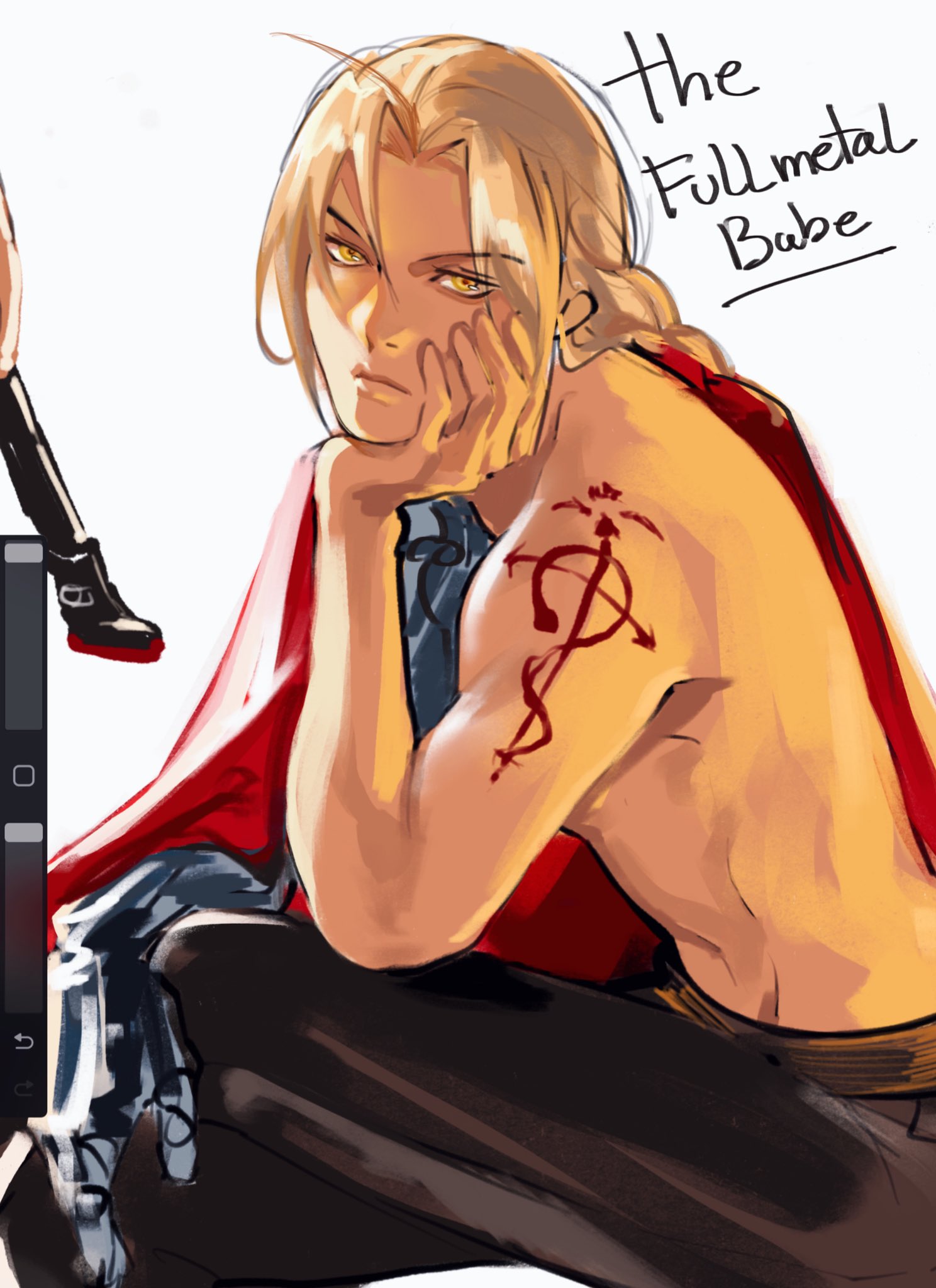 sabertoon artt, edward elric, fullmetal alchemist, highres, 1boy, art program in frame, blonde hair, braid, cloak, english text, feet out of frame, hair intakes, long hair, male focus, mechanical arms, red cloak, shoulder tattoo, single braid, single mechanical arm, sitting, solo, tattoo, topless male, white background, yellow eyes