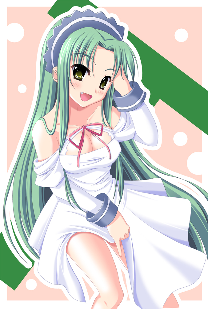 skywaker, tsuruya, suzumiya haruhi no yuuutsu, 00s, 1girl, breasts, cleavage, covered erect nipples, fang, female focus, green hair, long hair, medium breasts, no bra, solo, very long hair, waitress, yellow eyes