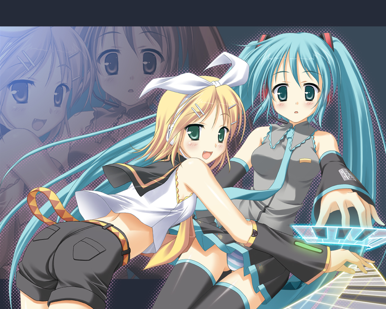 skywaker, hatsune miku, kagamine rin, vocaloid, 2girls, blonde hair, detached sleeves, fang, green eyes, green hair, hair ornament, hairclip, long hair, multiple girls, necktie, panties, shorts, striped clothes, striped panties, thighhighs, twintails, underwear, very long hair