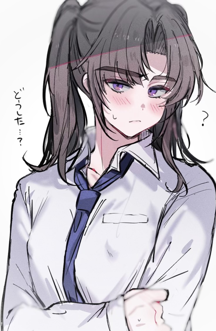 imamiya pinoko, original, 1boy, ayase ayato (imamiya pinoko), black hair, covered erect nipples, crossed arms, long hair, purple eyes, simple background, thick eyebrows, trap, twintails