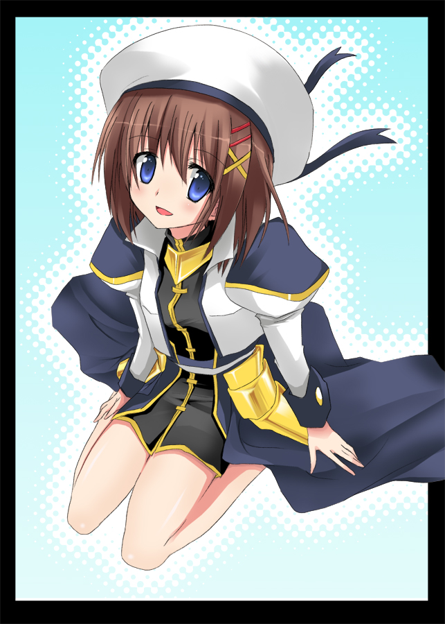 akane souichi, yagami hayate, lyrical nanoha, mahou shoujo lyrical nanoha, mahou shoujo lyrical nanoha a's, bad id, bad pixiv id, 00s, 1girl, blue eyes, brown hair, female focus, hair ornament, hat, solo, x hair ornament