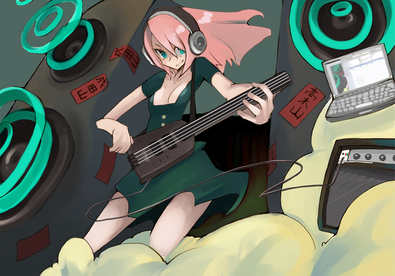 tansuke, takagi (tansuke), apple inc., macintosh, original, 1girl, amplifier, bass guitar, breasts, cleavage, computer, computer keyboard, dress, female focus, green eyes, guitar, headphones, instrument, laptop, long hair, pink hair, smile, solo, steinberger