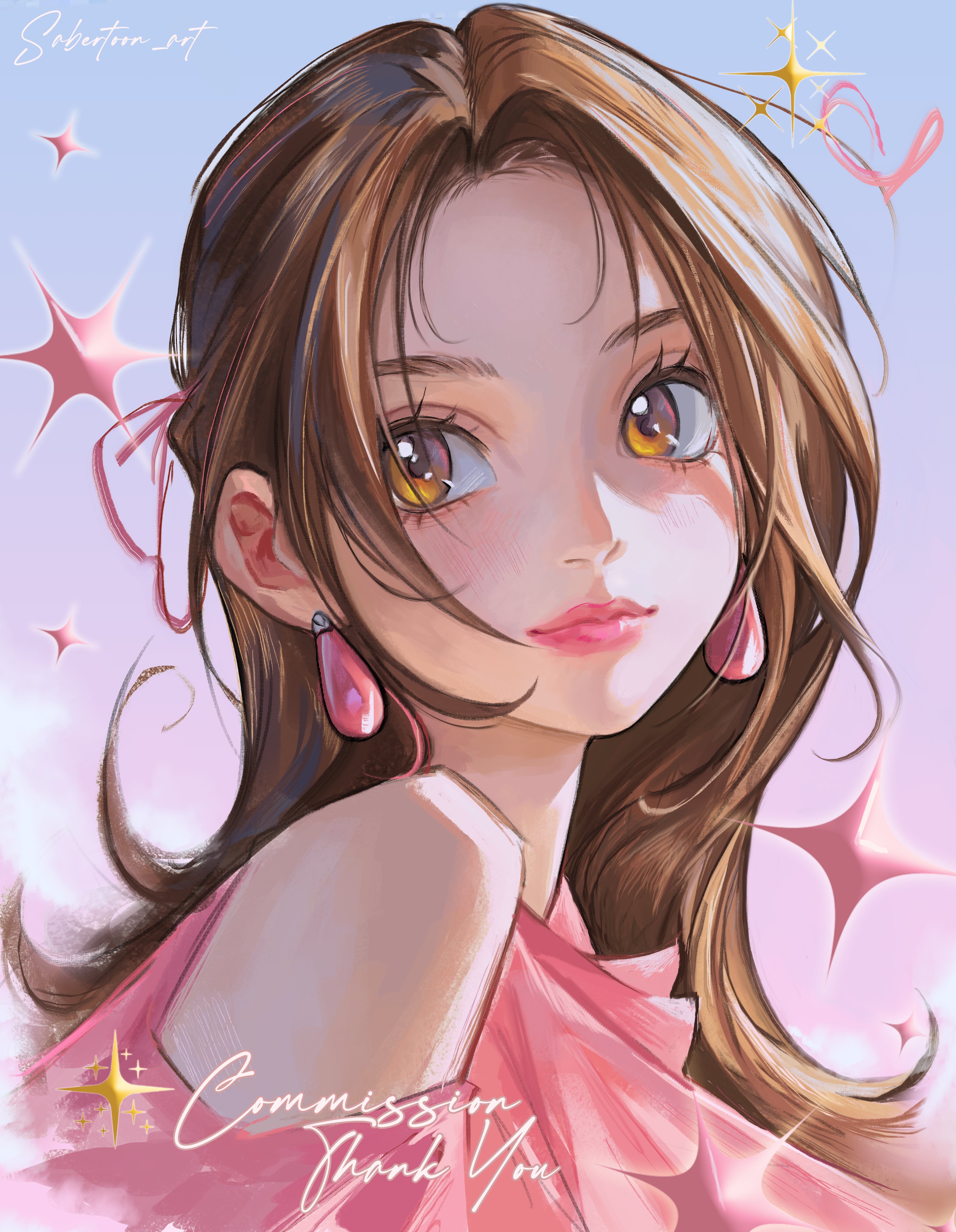 sabertoon artt, original, absurdres, commentary, commission, highres, symbol-only commentary, 1girl, brown eyes, brown hair, cursive, dress, earrings, eyelashes, jewelry, long hair, pink dress, pink lips, portrait, signature, solo, sparkle, thank you, yellow eyes