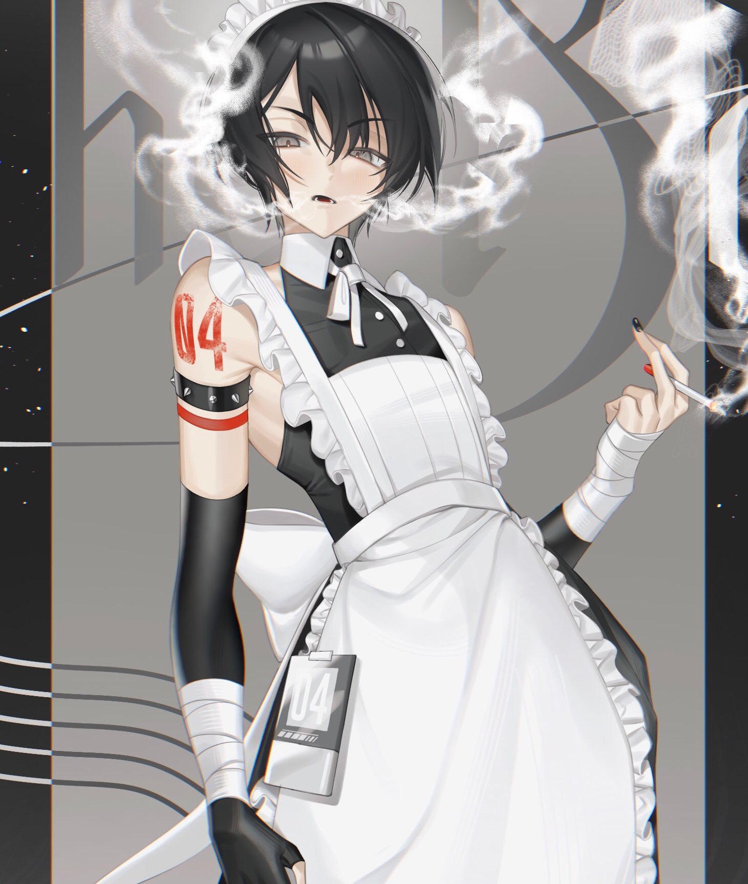 vorqcity, original, commentary, highres, ibispaint (medium), 1boy, apron, bare shoulders, black gloves, black hair, black shirt, choppy bangs, cigarette, cowboy shot, crossdressing, crossdressing (mtf), elbow gloves, frilled apron, frills, gloves, grey eyes, hair between eyes, holding, holding cigarette, looking at viewer, maid, maid apron, maid headdress, male focus, male maid, number tattoo, open mouth, ribbon, shirt, short hair, sleeveless, sleeveless shirt, smoke, smoking, solo, tattoo, white apron, white headdress, white ribbon