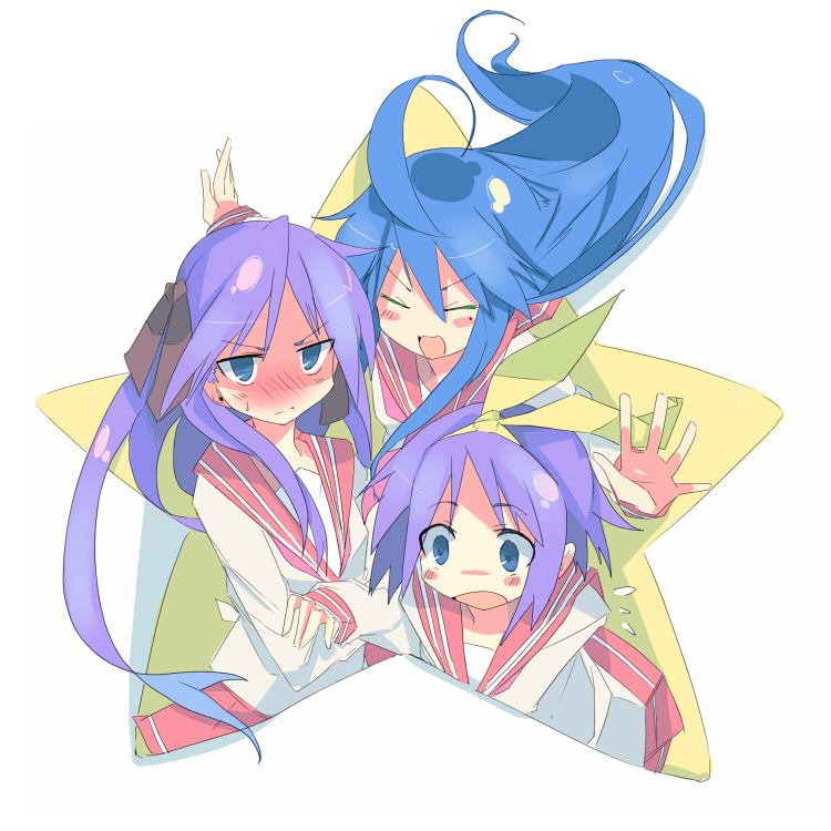 kanikama, hiiragi kagami, hiiragi tsukasa, izumi konata, lucky star, 00s, 3girls, ahoge, blue eyes, blue hair, blush, closed eyes, long hair, mole, mole under eye, multiple girls, purple hair, school uniform, serafuku, short hair, sisters, twins