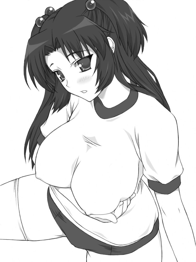 shichimenchou, ichinose kotomi, clannad, breast hold, 00s, 1girl, blush, breasts, buruma, covered erect nipples, female focus, greyscale, gym uniform, hair bobbles, hair ornament, huge breasts, monochrome, solo, thighhighs, two side up
