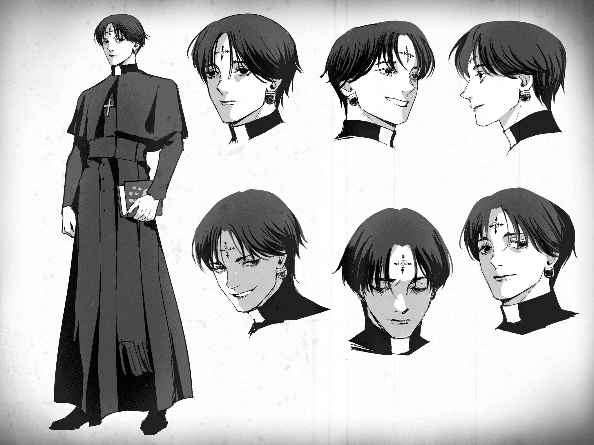 chrollo lucilfer, hunter x hunter, highres, 1boy, 63roku63, black hair, black robe, clerical collar, cross tattoo, earrings, facial mark, forehead mark, forehead tattoo, full body, greyscale, jewelry, male focus, monochrome, priest, robe, simple background, tattoo