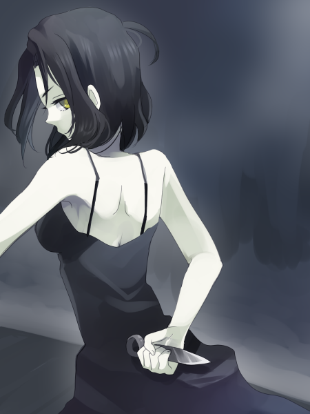 chane laforet, baccano!, tagme, 00s, black hair, knife, solo, yellow eyes