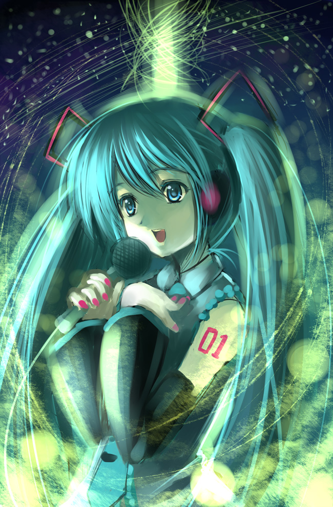 kitiroku, hatsune miku, vocaloid, tagme, green eyes, green hair, microphone, solo, twintails