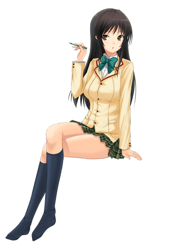 shima-shuu, kotegawa yui, to love-ru, 00s, 1girl, black hair, brown eyes, crossed legs, female focus, kneehighs, mechanical pencil, pencil, plaid clothes, plaid skirt, school uniform, serafuku, sitting, skirt, socks, solo