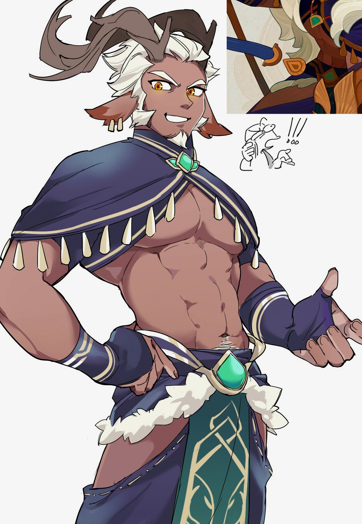 shoko contane, afk (series), afk arena, commentary, english commentary, highres, !, !!, 1boy, abs, animal ears, atheus (afk), bara, doodle inset, earrings, facial hair, fingerless gloves, gloves, goat ears, goat horns, goatee, horns, jewelry, looking at viewer, male focus, muscular, muscular male, navel, pectorals, reference inset, smile, white background, white hair