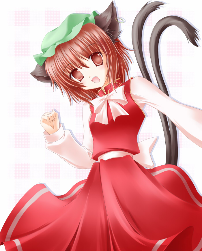 shirotsuki kouta, chen, touhou, 1girl, animal ears, cat ears, cat girl, cat tail, dress, earrings, female focus, hat, jewelry, multiple tails, red eyes, red hair, solo, tail, white background