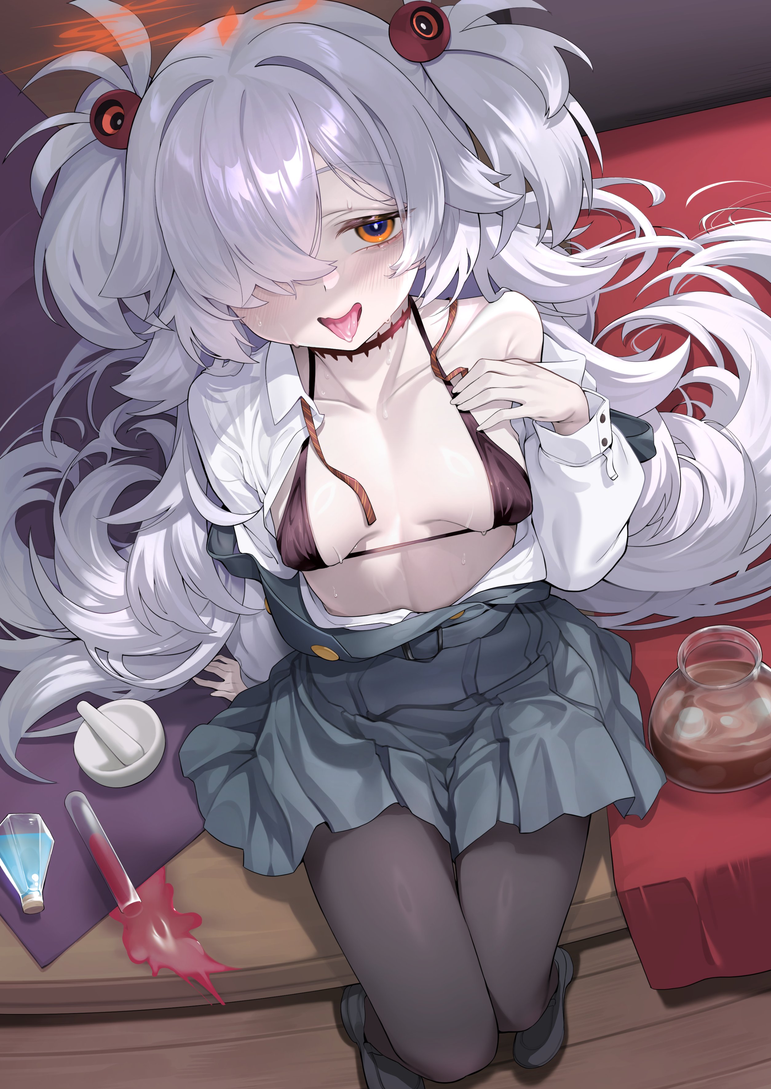 sharekoube, kanoe (blue archive), blue archive, absurdres, highres, 1girl, bare shoulders, bikini, bikini under clothes, black bikini, black pantyhose, breasts, brown eyes, choker, collared shirt, dress, grey dress, hair ornament, halo, long hair, long sleeves, looking at viewer, neck ribbon, off shoulder, open mouth, pantyhose, ribbon, shirt, small breasts, solo, swimsuit, thighs, two side up, white hair, white shirt