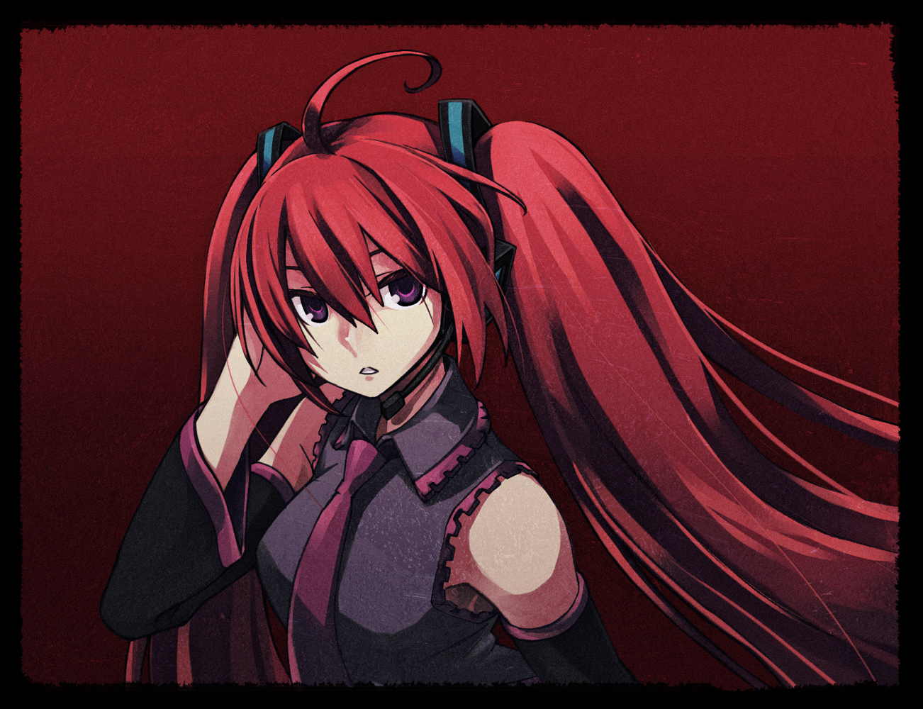 chan co, hatsune miku, vocaloid, 1girl, ahoge, alternate color, detached sleeves, female focus, gradient background, necktie, purple eyes, red hair, solo