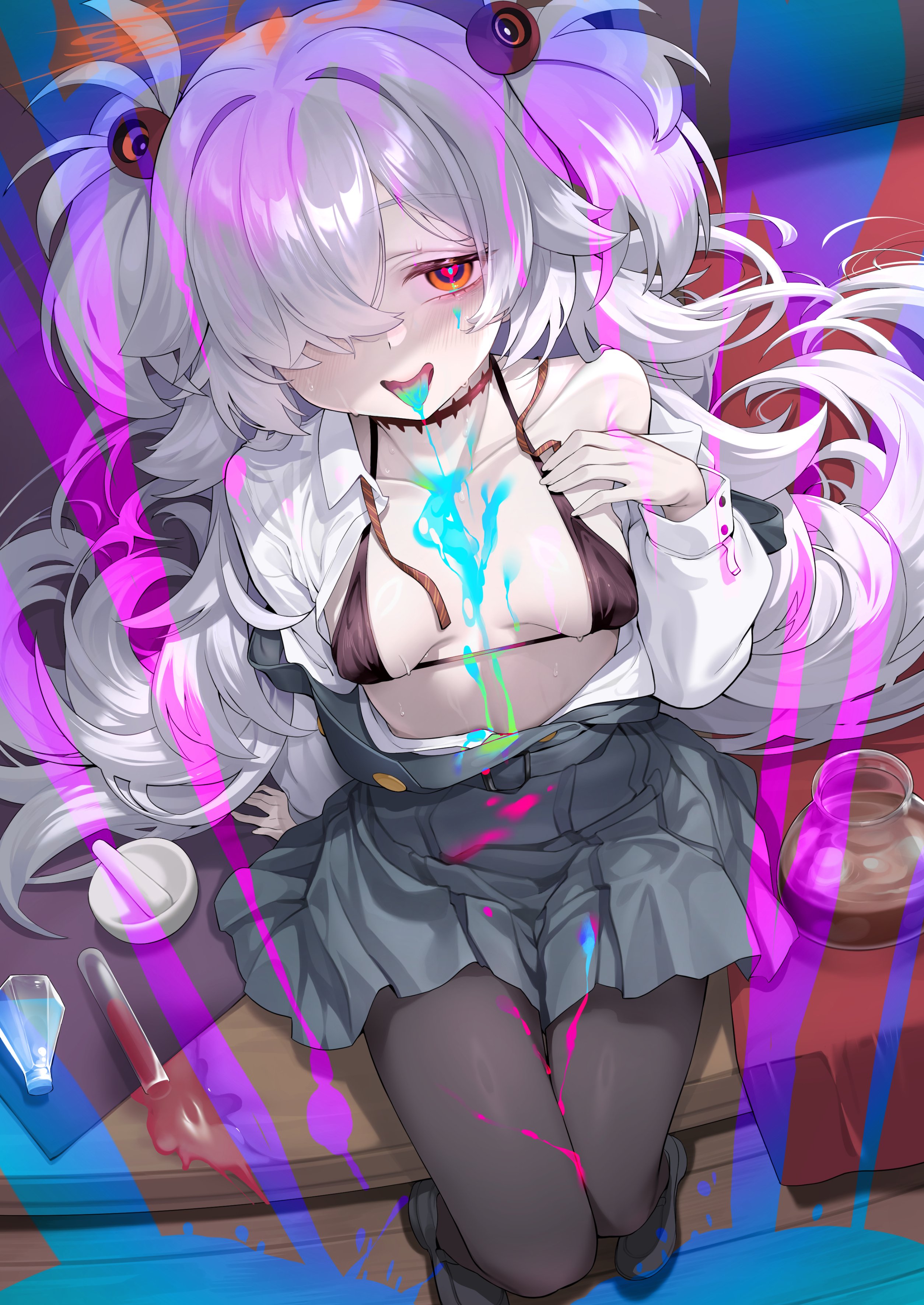 sharekoube, kanoe (blue archive), blue archive, absurdres, highres, variant set, 1girl, bare shoulders, bikini, bikini under clothes, black bikini, black pantyhose, breasts, brown eyes, choker, collared shirt, dress, grey dress, hair ornament, halo, long hair, long sleeves, looking at viewer, neck ribbon, off shoulder, open mouth, pantyhose, ribbon, shirt, small breasts, solo, swimsuit, thighs, two side up, white hair, white shirt