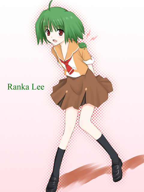 niwatori kokezou, ranka lee, macross, macross frontier, 00s, arms behind back, green hair, legs, red eyes, school uniform, serafuku, solo