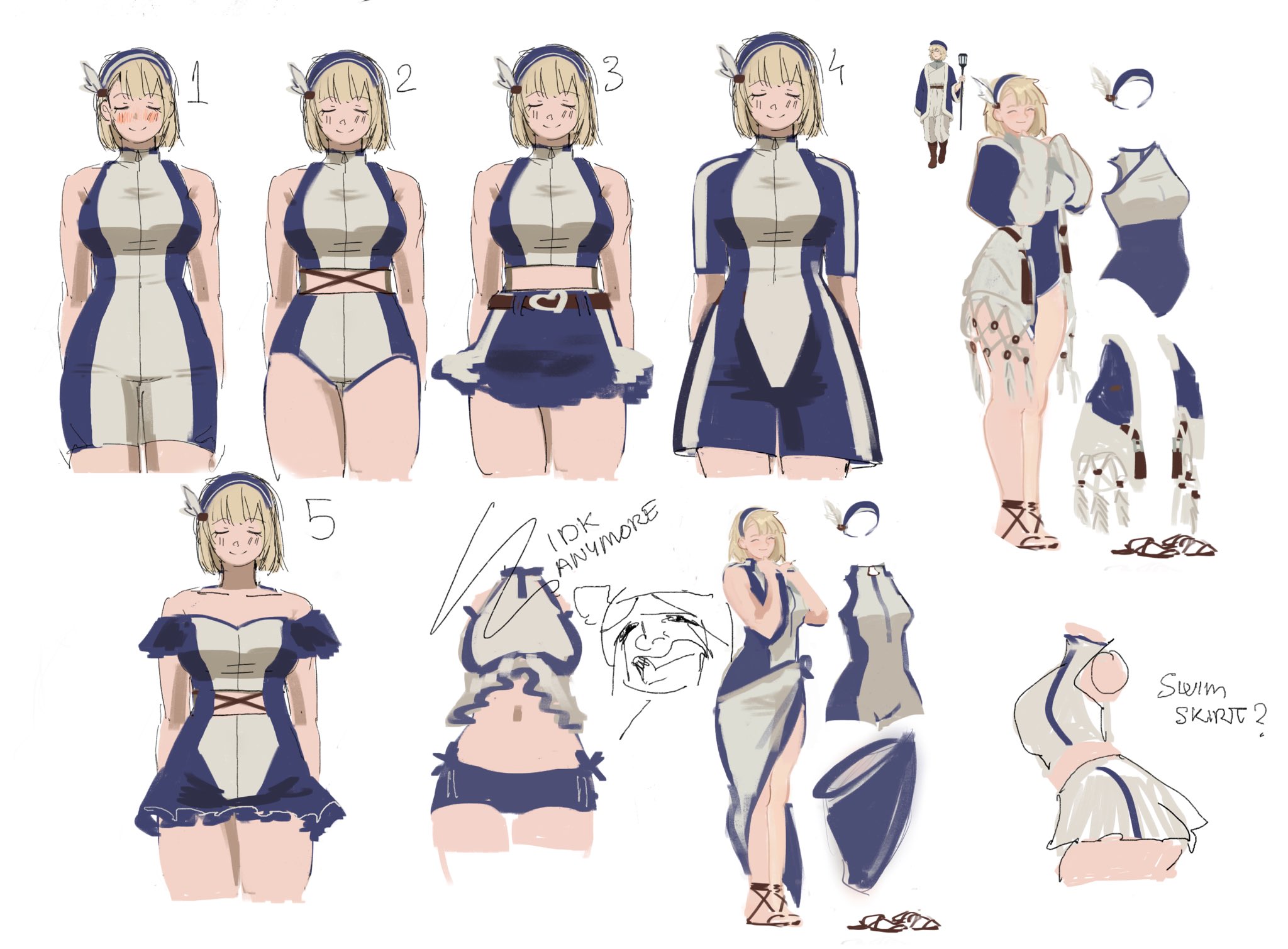 sabertoon artt, falin touden, falin touden (tallman), dungeon meshi, commentary, english commentary, highres, variant set, 1girl, belt, blonde hair, blue hairband, bodysuit, brown belt, curvy, dress, hairband, heart belt buckle, leotard, midriff, short hair, simple background, sketch, skirt, standing, swimsuit, white background