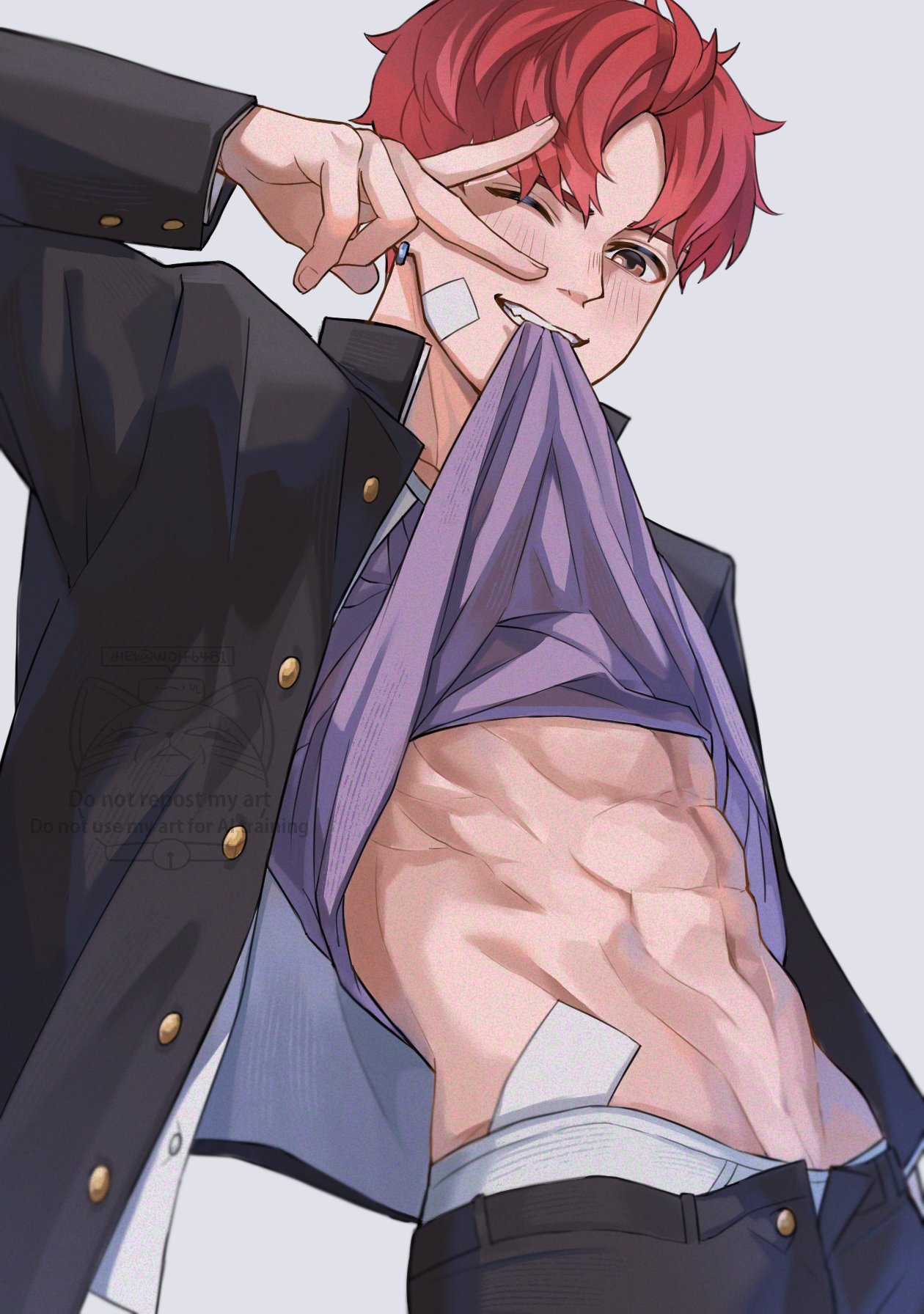 wolf6481, enjoji jin, dandadan, hashtag-only commentary, highres, 1boy, abs, black pants, blush, buttons, clothes lift, earrings, gakuran, gauze, gauze on cheek, grey background, jacket, jewelry, lifting own clothes, looking at viewer, male focus, male underwear, mouth hold, navel, one eye closed, open clothes, open jacket, pants, purple shirt, red hair, school uniform, shirt, shirt lift, short hair, simple background, smile, solo, teeth hold, underwear, upper body, v, white male underwear