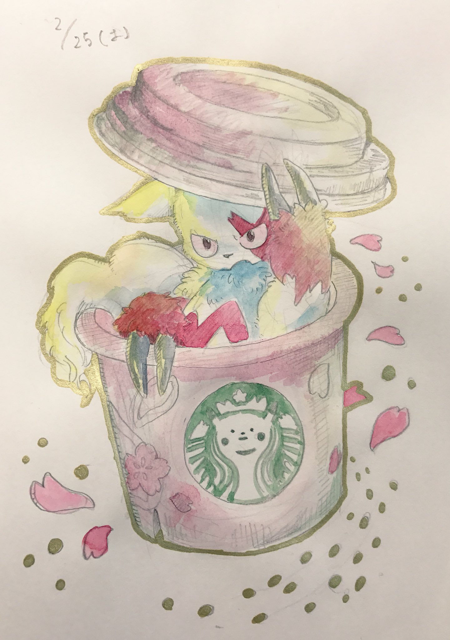 mint nappa, pikachu, zangoose, nintendo, pokemon, starbucks, commentary request, highres, painting (medium), traditional media, watercolor (medium), claws, cup, dated, disposable coffee cup, disposable cup, gen 1 pokemon, gen 3 pokemon, in container, in cup, logo parody, no humans, open mouth, pink petals, pokemon (creature), simple background, solo