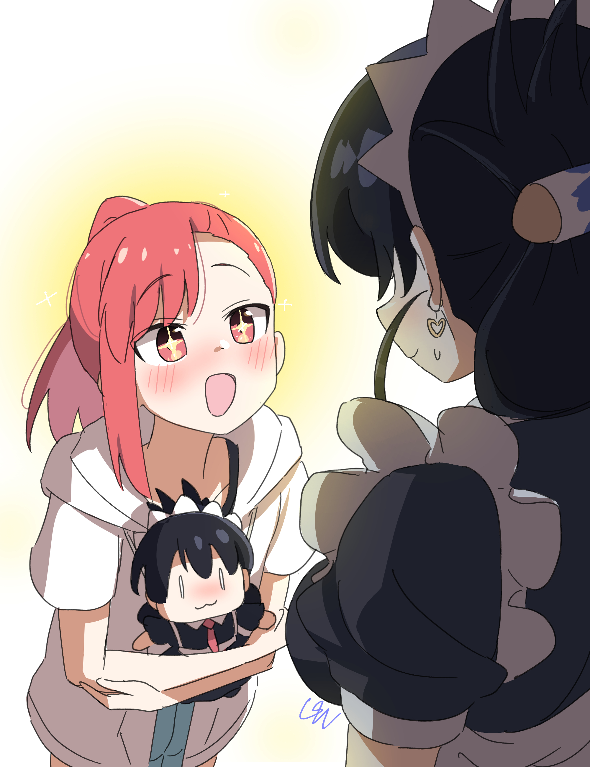 ltv1119, arato nagi, seto shouko, ruri no houseki, absurdres, hashtag-only commentary, highres, + +, 2girls, :3, :d, asymmetrical bangs, awestruck, black dress, black hair, blush, character doll, doll, dress, earrings, excited, folded ponytail, from behind, heart, heart earrings, height difference, holding, holding doll, hood, hooded jacket, jacket, jewelry, long hair, looking at another, maid, maid headdress, multiple girls, official alternate costume, official alternate hairstyle, open mouth, ponytail, puffy short sleeves, puffy sleeves, red hair, short sleeves, small sweatdrop, smile, upper body, white jacket