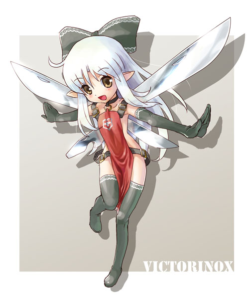 katahira masashi, original, 1girl, belt, brown eyes, child, elbow gloves, fairy, female focus, full body, gloves, hair ribbon, naked tabard, outstretched arms, personification, petite, pointy ears, ribbon, solo, spread arms, swiss knife, tabard, thighhighs, white hair, wings