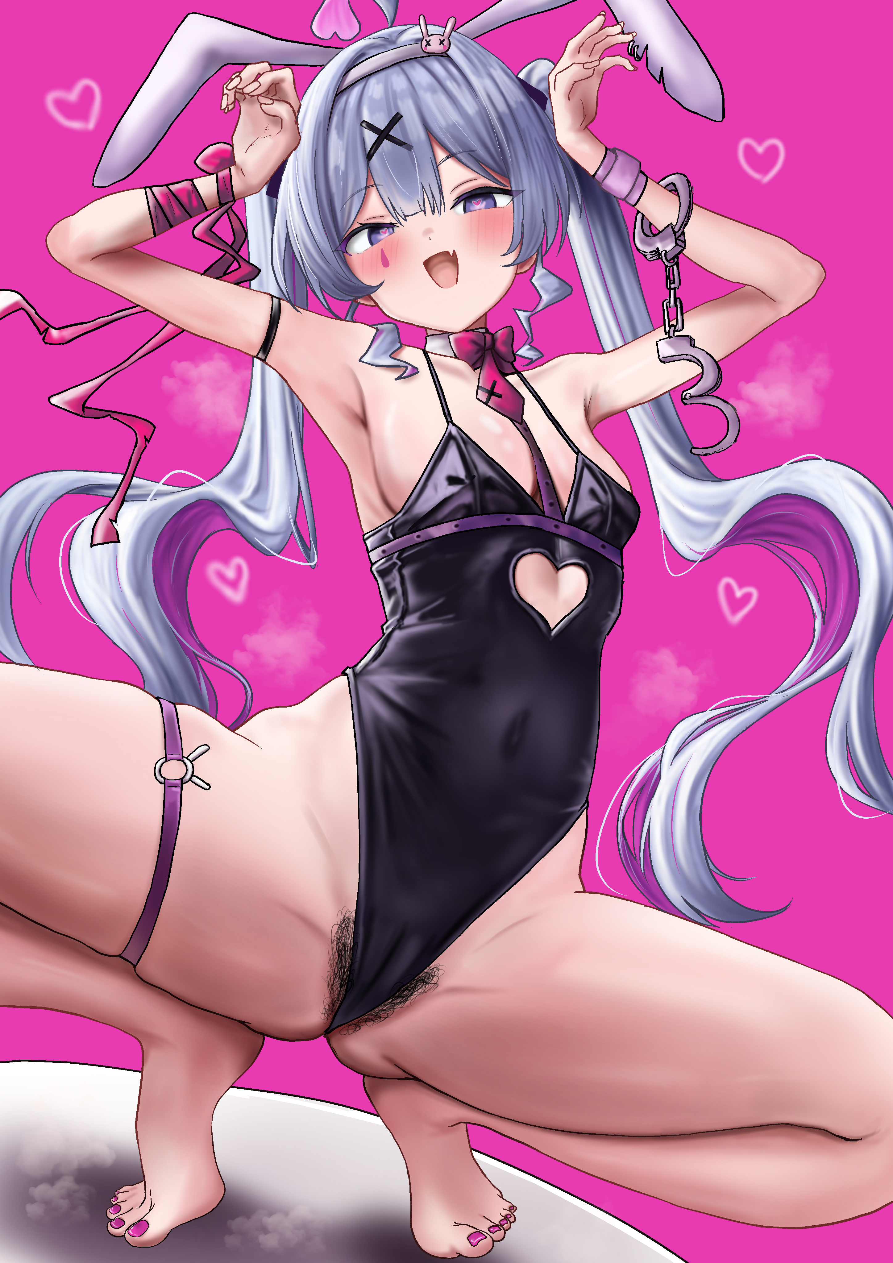 lts kakuyo, hatsune miku, rabbit hole (vocaloid), vocaloid, absurdres, highres, variant set, 1girl, animal ears, armpits, barefoot, breasts, female pubic hair, heart, leotard, long hair, pubic hair, purple eyes, rabbit ears, small breasts, solo, squatting