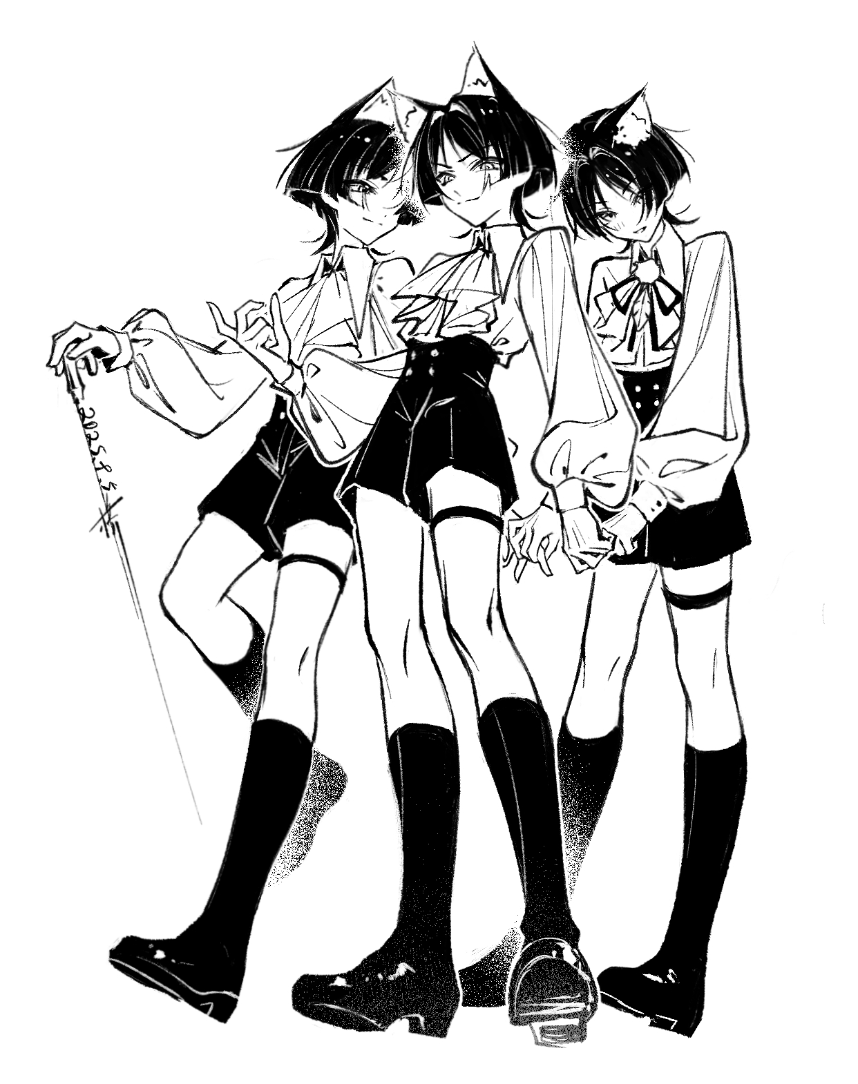 qiao2121, scaramouche (genshin impact), scaramouche (kabukimono) (genshin impact), wanderer (genshin impact), genshin impact, highres, 3boys, alternate costume, animal ears, arm at side, ascot, blunt ends, cat boy, cat ears, closed mouth, collared shirt, curled fingers, dated, feathers, full body, greyscale, hair intakes, hand up, high-waist shorts, holding, kneehighs, light blush, long sleeves, looking at another, looking at viewer, monochrome, multiple boys, multiple persona, parted lips, pom pom (clothes), puffy sleeves, shirt, shoes, shorts, smile, socks, split mouth, standing, string, thigh strap, tsurime, white background, wispy bangs