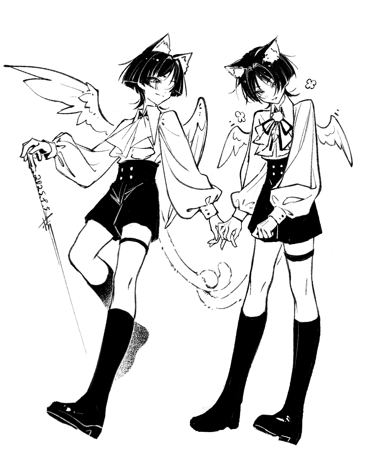 qiao2121, scaramouche (genshin impact), scaramouche (kabukimono) (genshin impact), wanderer (genshin impact), genshin impact, highres, 2boys, alternate costume, angel wings, animal ear fluff, animal ears, arm at side, ascot, blunt ends, cat boy, cat ears, cat tail, closed mouth, collared shirt, dual persona, feathered wings, feathers, full body, greyscale, hair intakes, hand up, high-waist shorts, holding, holding hands, intertwined tails, kneehighs, light blush, long sleeves, looking at another, looking at viewer, monochrome, multiple boys, parted lips, pom pom (clothes), shirt, shoes, shorts, sleeve cuffs, smile, socks, split mouth, standing, string, tail, thigh strap, tsurime, white background, wings