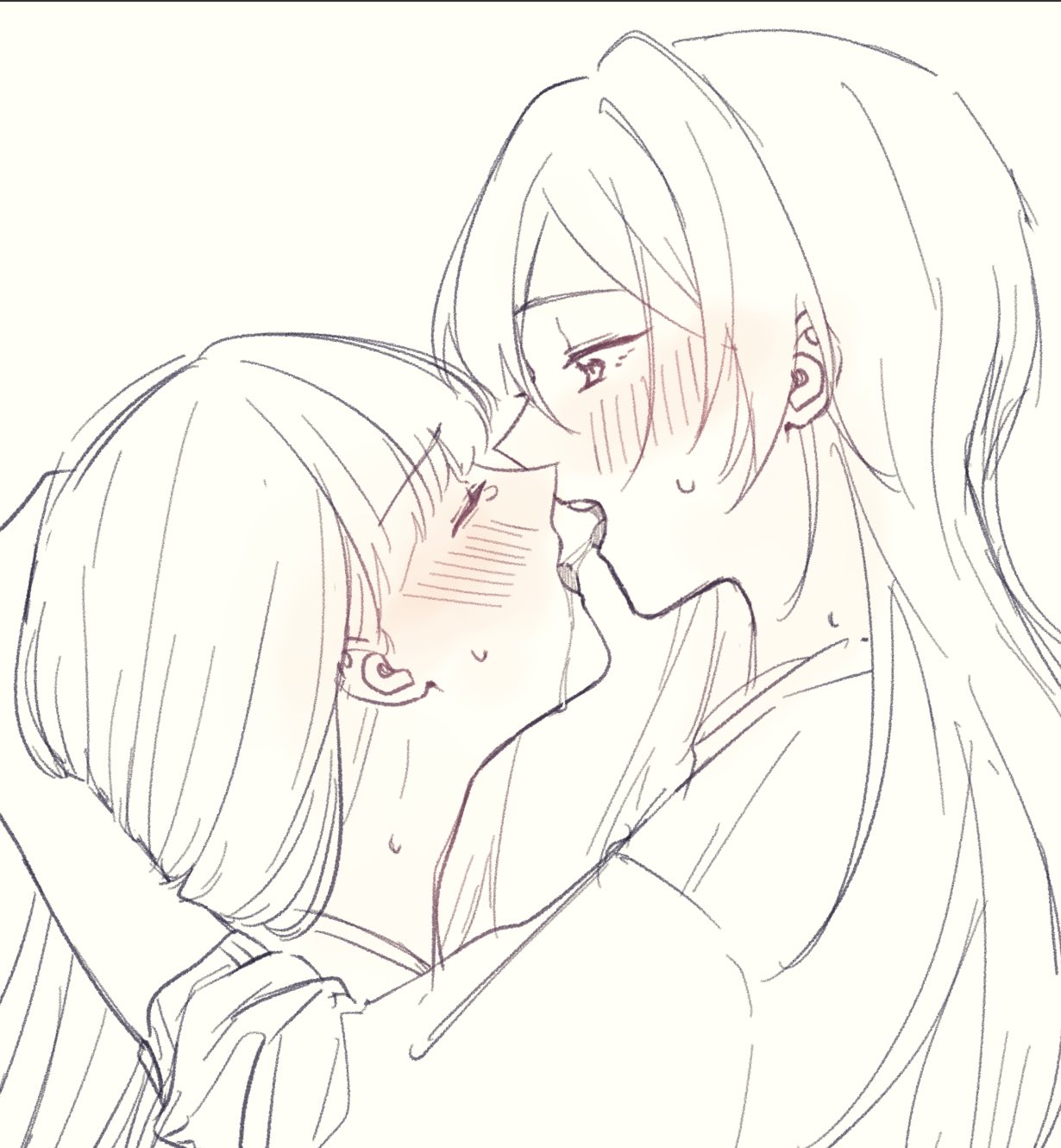 furen e lustario, lize helesta, nijisanji, commentary request, highres, 2girls, after kiss, aoki pnd, blush, closed eyes, long hair, long sleeves, monochrome, multiple girls, open mouth, saliva, saliva trail, sweat, tongue, tongue out, yuri