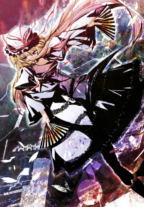 akahito, yakumo yukari, touhou, bad id, bad pixiv id, 1girl, blonde hair, dual wielding, female focus, folding fan, hand fan, hat, holding, long hair, purple eyes, ribbon, solo