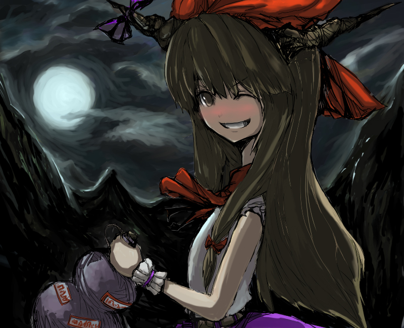 masuzou, ibuki suika, touhou, 1girl, female focus, hair ribbon, horns, long hair, moon, one eye closed, oni, ribbon, solo, wink, wrist cuffs, wristband