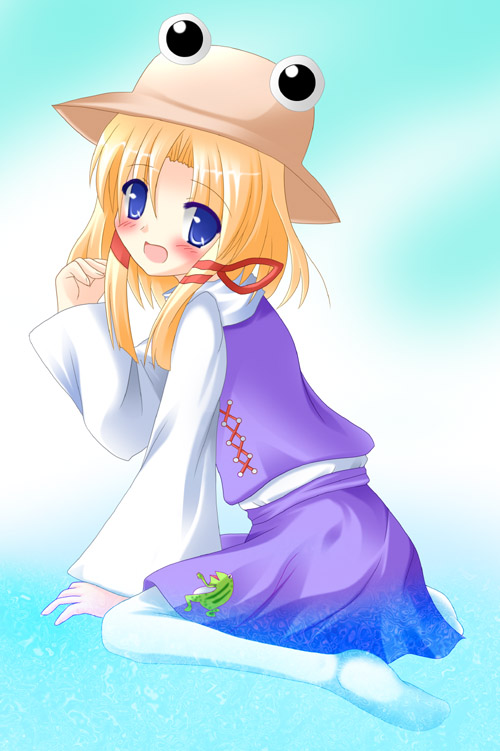 silamizu (white water), moriya suwako, touhou, 1girl, blonde hair, blue eyes, female focus, full body, gradient background, hair ribbon, hat, ribbon, short hair, skirt, solo, white background