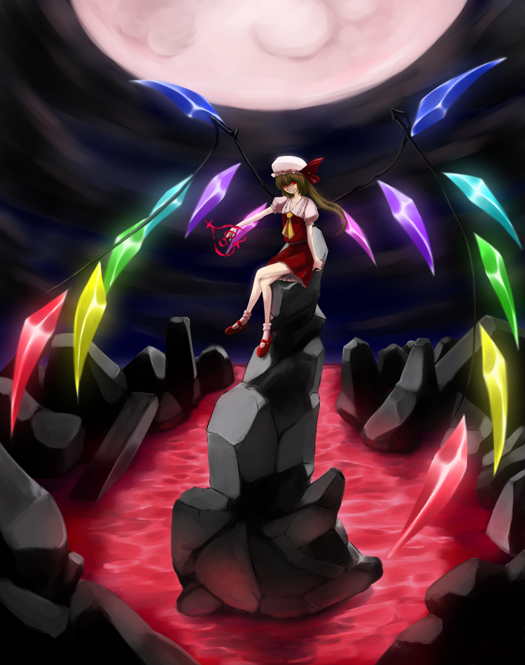 kanokishi (manjushage), manjusyage, flandre scarlet, touhou, bad id, bad pixiv id, 1girl, blonde hair, blouse, female focus, hat, mob cap, moon, on rock, ponytail, red eyes, red moon, red shoes, rock, shirt, shoes, sitting, socks, solo, white hat, white shirt, white socks, wings
